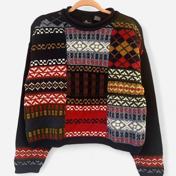 Vintage 90s Liz Sport 100% Cotton Fair Isle Patchwork Sweater Rare Knit - Picture 9 of 9